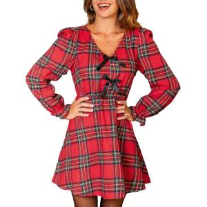 imageCUPSHE Womens Fall Dresses Plaid V Neck Bowknot Long Sleeve Smocked A Line Babydoll Mini DressRed