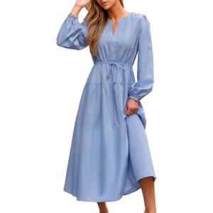 imageCUPSHE Womens Fall Wedding Guest Dress V Neck Long Sleeve Drawstring Ruffled Casual Flowy Elegant Party Maxi DressesBlue