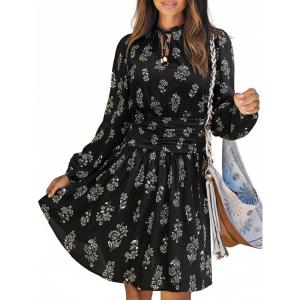 imageCUPSHE Womens Floral Mini Dress Tie Neck Puff Sleeves Ruffle A Line Tunic Casual Fall DressBlack