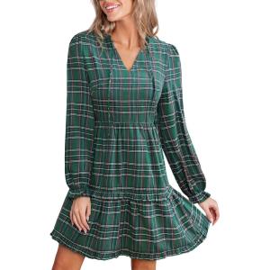 imageCUPSHE Womens Plaid Fall Ruffle Mini Dress V Neck Puff Sleeve Casual Autumn Party DressesGreen