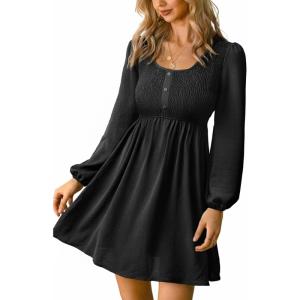 imageCUPSHE Womens Smocked Mini Dress Round Neck Long Sleeves Fall Casual Ruffle DressBlack
