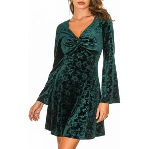 imageCUPSHE Womens Vintage Velvet Dress Flare Sleeve V Neck Floral Mini Dress Party Guest Evening DressGreen