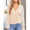imageCUPSHE Long Sleeve Shirts for Women Dressy V Neck Lace Tops Ruched Sexy Slim Fit Bussiness Casual Blouse Vacation OutfitsBeige