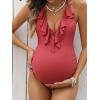 imageCUPSHE Maternity One Piece Swimsuit V Neck Pregnancy Bathing Suit for Women Ruffled Cutout Ruched Halter StrapsCoral Red