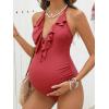 imageCUPSHE Maternity One Piece Swimsuit V Neck Pregnancy Bathing Suit for Women Ruffled Cutout Ruched Halter StrapsCoral Red