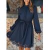 imageCUPSHE Women Fall Dresses Scallop Trim Cutout Smocked Mock Neck Tie Waist Long Sleeve A Line Flowy Mini DressNavy