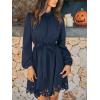 imageCUPSHE Women Fall Dresses Scallop Trim Cutout Smocked Mock Neck Tie Waist Long Sleeve A Line Flowy Mini DressNavy