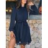 imageCUPSHE Women Fall Dresses Scallop Trim Cutout Smocked Mock Neck Tie Waist Long Sleeve A Line Flowy Mini DressNavy