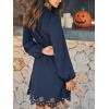 imageCUPSHE Women Fall Dresses Scallop Trim Cutout Smocked Mock Neck Tie Waist Long Sleeve A Line Flowy Mini DressNavy