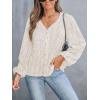 imageCUPSHE Womens Blouses Eyelet Tops Long Sleeve V Neck Puff Sleeve Shirts Dressy CasualBeige