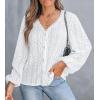 imageCUPSHE Womens Blouses Eyelet Tops Long Sleeve V Neck Puff Sleeve Shirts Dressy CasualWhite