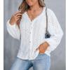 imageCUPSHE Womens Blouses Eyelet Tops Long Sleeve V Neck Puff Sleeve Shirts Dressy CasualWhite