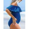 imageCUPSHE Womens One Piece Swimsuit Maternity Bathing Suit Ruffled Square Neck Off Shoulder Ruched Pregnancy SwimwearAqua Blue