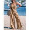 imageCUPSHE Womens Summer Jumpsuits Sleeveless Tie Knot Wide Leg Long Pants Romper with PocketsBeige