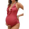 imageCUPSHE Maternity One Piece Swimsuit V Neck Pregnancy Bathing Suit for Women Ruffled Cutout Ruched Halter StrapsCoral Red