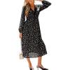 imageCUPSHE Women Fall Dresses for Women Tie Front Lace V Neck Long Sleeve Floral Smocked A Line Casual Mini DressBlack