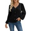 imageCUPSHE Womens Blouses Eyelet Tops Long Sleeve V Neck Puff Sleeve Shirts Dressy CasualBlack