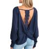 imageCUPSHE Womens Long Sleeve Crewneck Blouse Sexy Back Lace Ribbed Knit TopsNavy