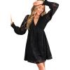imageCUPSHE Womens Mini Fall Dress V Neck Long Sleeves Lace Smocked Casual Short A Line Wedding Guest DressBlack