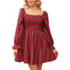 imageCUPSHE Womens Red Plaid Ruffle Cuff Fall Dress Square Neck Long Puff Sleeve Smocked Bodice Casual Mini Autumn DressesRed