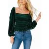 imageCUPSHE Womens Square Neck Velvet Tops Lantern Sleeve Shirred Ruffle Hem Smocked ShirtsGreen
