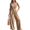 imageCUPSHE Womens Summer Jumpsuits Sleeveless Tie Knot Wide Leg Long Pants Romper with PocketsBeige