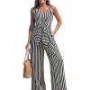 imageCUPSHE Womens Summer Jumpsuits Sleeveless Tie Knot Wide Leg Long Pants Romper with PocketsStripe Black