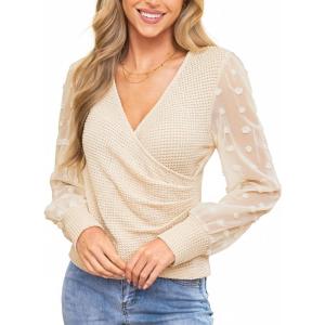 imageCUPSHE Long Sleeve Shirts for Women Dressy V Neck Lace Tops Ruched Sexy Slim Fit Bussiness Casual Blouse Vacation OutfitsBeige