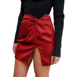 imageCUPSHE Mini Skirts Twist Notched Hem Aline Satin Waist Party Vacation Dressy Going Out DateRed