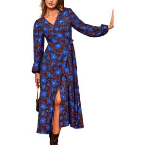 imageCUPSHE Women Fall Dresses Wildflower Floral V Neck Tie Front Puff Long Sleeve A Line Wrap Maxi DressBlue