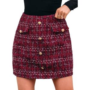 imageCUPSHE Women Mini Plaid Skirts Tweed High Waist Bodycon Pencil Hem Fall Winter Dressy Outfits ShortsRed