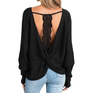 imageCUPSHE Women Open Back Long Sleeve Tops Trendy Going Out Casual Basic ShirtsBlack
