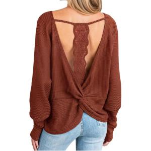 imageCUPSHE Women Open Back Long Sleeve Tops Trendy Going Out Casual Basic ShirtsBrown