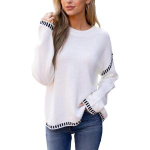imageCUPSHE Women Oversized Sweater Drop Shoulder Contrast Long Sleeve Knit Top Casual Lightweight Pullover Fall SweatersWhite