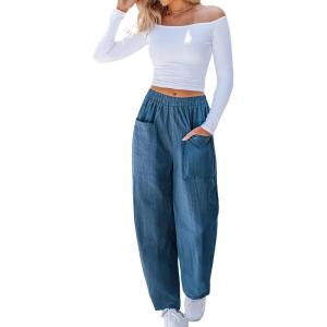 imageCUPSHE Women Pants HighWaisted Cargo Pant Pockets Leg Cotton Fit Coverup Elastic Work Casual DressyBlue