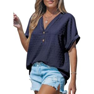 imageCUPSHE Women Tops Short Sleeve Tee Cutout V Neck Shirt CasualNavy