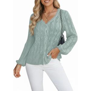 imageCUPSHE Womens Blouses Eyelet Tops Long Sleeve V Neck Puff Sleeve Shirts Dressy CasualGreen