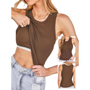 imageCUPSHE Womens Built in Bra Tank Tops Ribbed Sleeveless 2025 Summer Basic TopsBrown