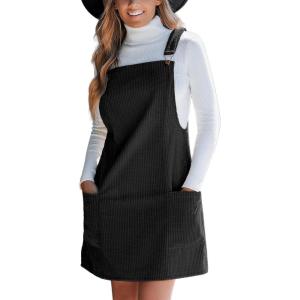 imageCUPSHE Womens Corduroy Overall Dress Square Neck A Line Fall Pinafore Mini Dress with PocketsBlack