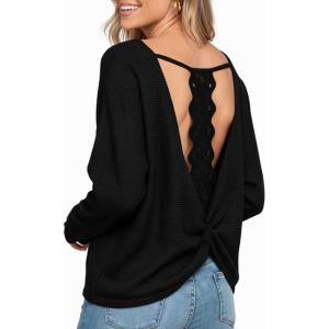 imageCUPSHE Womens Long Sleeve Crewneck Blouse Sexy Back Lace Ribbed Knit TopsBlack