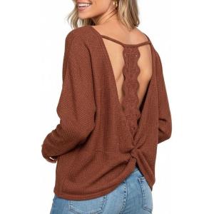 imageCUPSHE Womens Long Sleeve Crewneck Blouse Sexy Back Lace Ribbed Knit TopsBrown