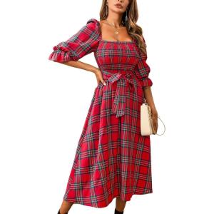 imageCUPSHE Womens Maxi Dresses Square Neck Plaid Smocked Belted Ruffled Casual Half Trumpet Sleeve A Line Long Party DressRed Plaid