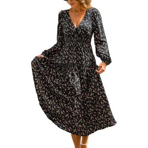 imageCUPSHE Womens Maxi Fall Dresses V Neck Casual Long Sleeve Smocked Floral Long Flowy Smocked Formal Wedding Guest DressBlack Floral