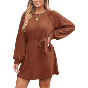 imageCUPSHE Womens Mini Fall Dresses Round Neck Casual Long Sleeve Woven Belted Short Work Outfit A Line Flowy DressBrown