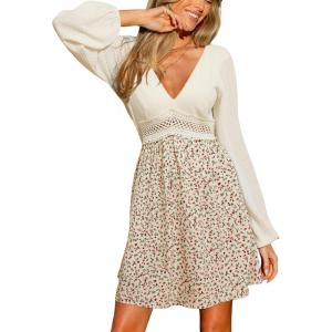 imageCUPSHE Womens Mini Fall Dresses V Neck Casual Long Sleeve Floral Self Tie Crochet Short Flowy Wedding Guest DressBeige Floral