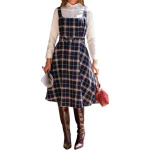 imageCUPSHE Womens Plaid A Line Midi Dress Square Neck Sleeveless Adjustable Belt Casual Fall DressesNavy Blue