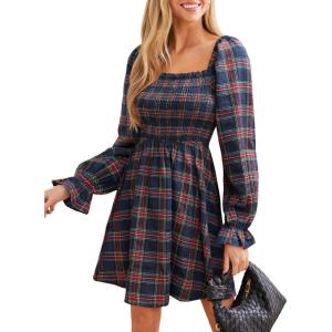 imageCUPSHE Womens Red Plaid Ruffle Cuff Fall Dress Square Neck Long Puff Sleeve Smocked Bodice Casual Mini Autumn DressesNavy Blue