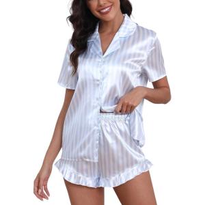 imageCUPSHE Womens Silk Pajamas Set Satin Short Sleeve Sleepwear Button Up Pjs Shorts SetBlue  White