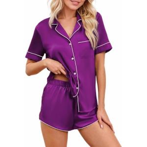 imageCUPSHE Womens Silk Pajamas Set Satin Short Sleeve Sleepwear Button Up Pjs Shorts SetDark Purple