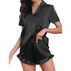 imageCUPSHE Womens Silk Pajamas Set Satin Short Sleeve Sleepwear Button Up Pjs Shorts SetMidnight Dark